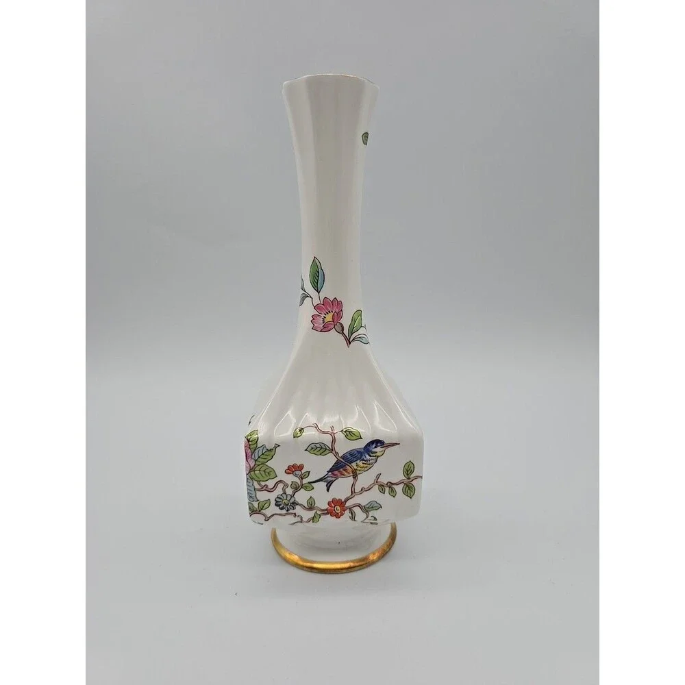 Aynsley Fine Bone China Pembroke Bud Vase England Bird Floral Transferware